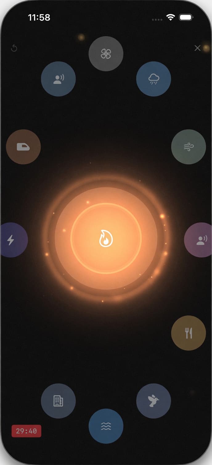 Drift active mixing with Fire orb glowing on spatial canvas